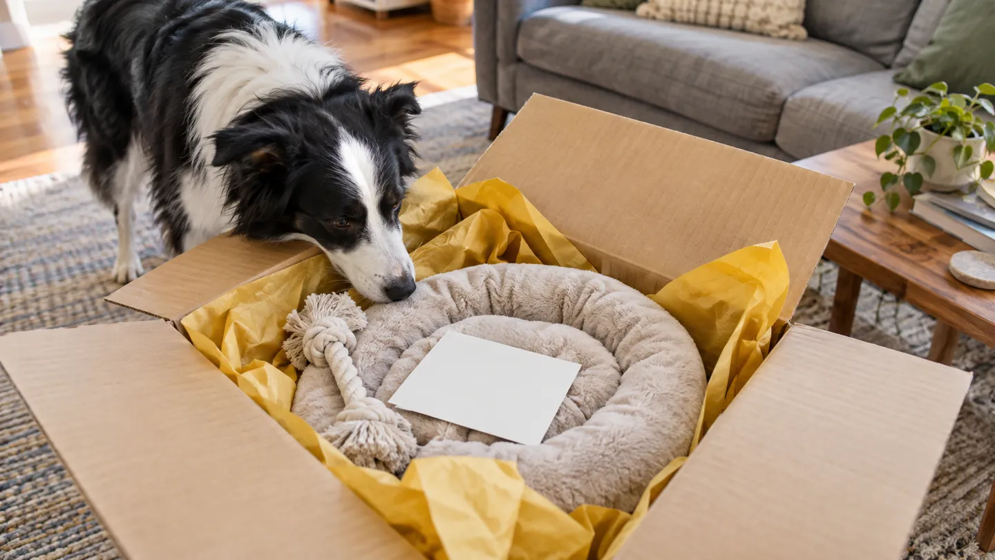 A border collie sniffs an opened parcel lined with plain tissue paper holding a plush pet bed and a rope toy, the branded-packaging unboxing a dropshipping pet products store can engineer for free social content.