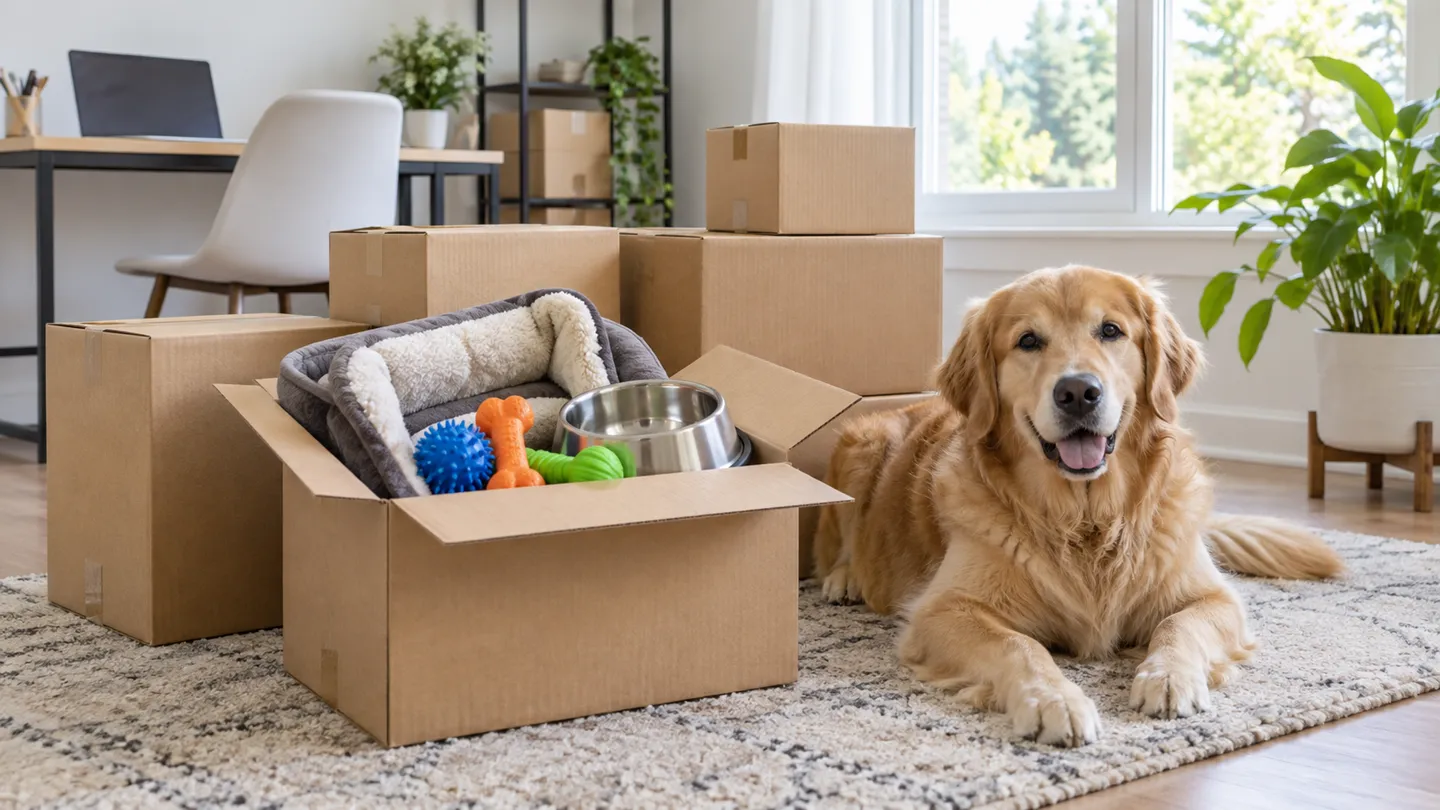 Un golden retriever est assis à côté de cartons d’expédition ouverts contenant un panier pour animal, des jouets à mâcher et un bol en acier : voilà la réalité logistique qui se cache derrière toute boutique de produits pour animaux en dropshipping.