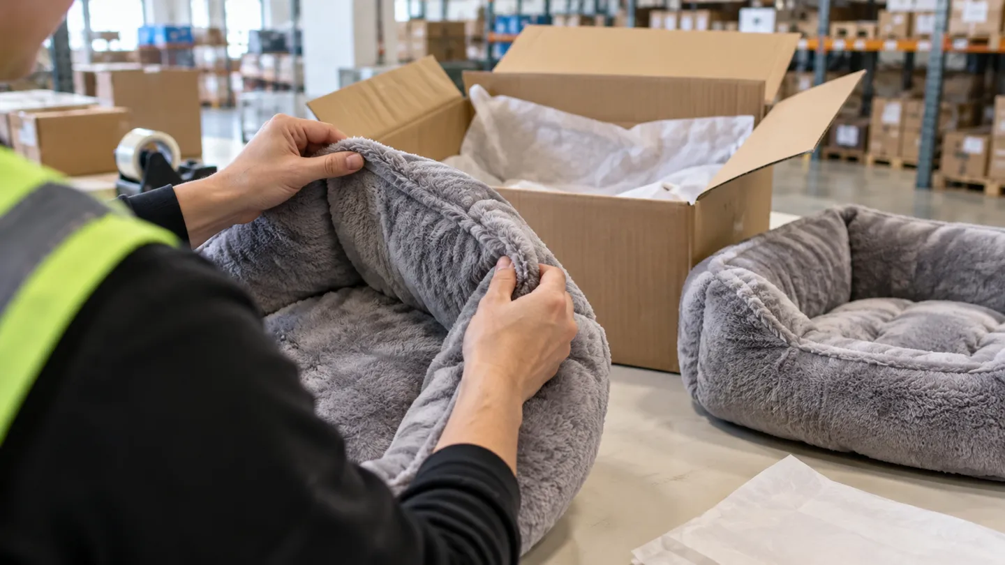 A fulfilment worker stretches the seam of a plush grey pet bed and compares it with the approved sample beside an open shipping box, the pre-shipment quality control to demand before buying dropshipping pet products.