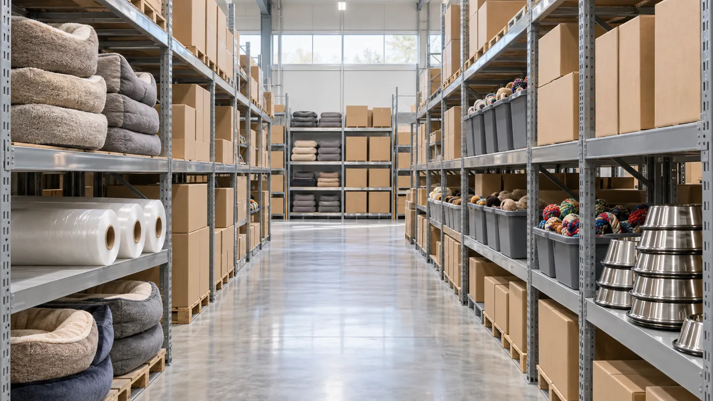 Warehouse shelves of reserved inventory with compressed pet beds, rope toys, and steel bowls set apart in one section, the dedicated-stock architecture that keeps a dropshipping pet products store shipping through demand spikes.