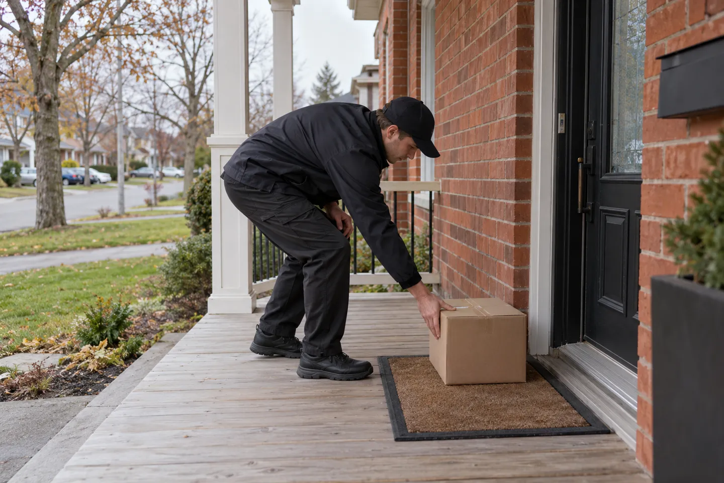 A courier setting a plain parcel on the porch of a brick house in a Canadian neighborhood, the final step every order from dropshipping suppliers in Canada has to complete.