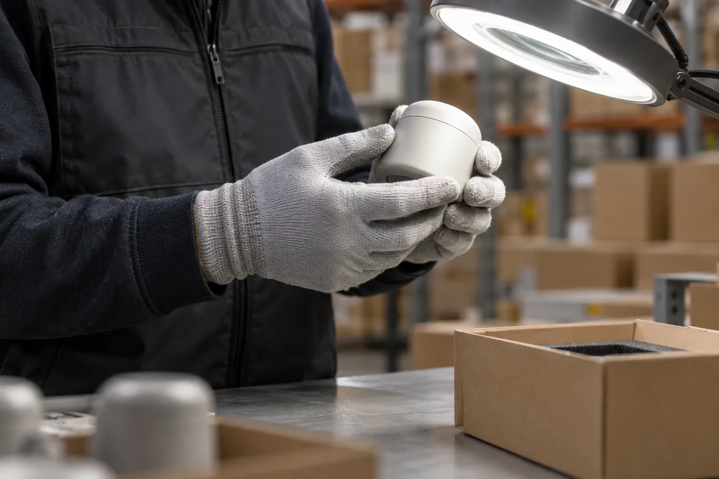 Gloved hands examining a product under a bright inspection lamp, the dispatch-stage check a serious dropshipping supplier should be able to describe in writing.