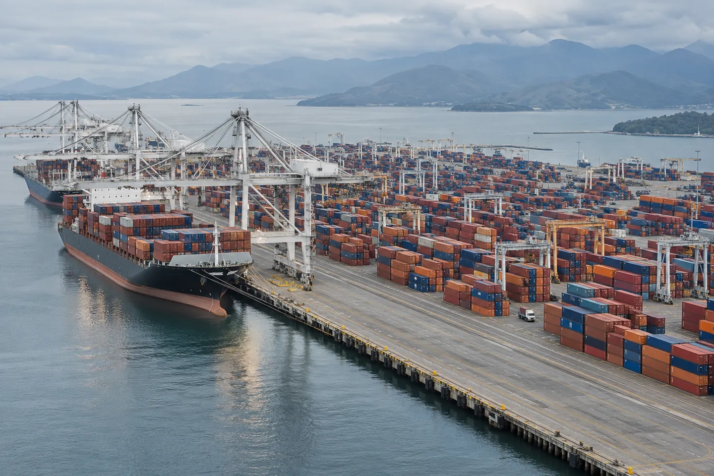 Container cranes and stacked cargo at an ocean terminal, a view of the trade lanes that carry dropshipping orders from overseas suppliers toward Canadian customs.