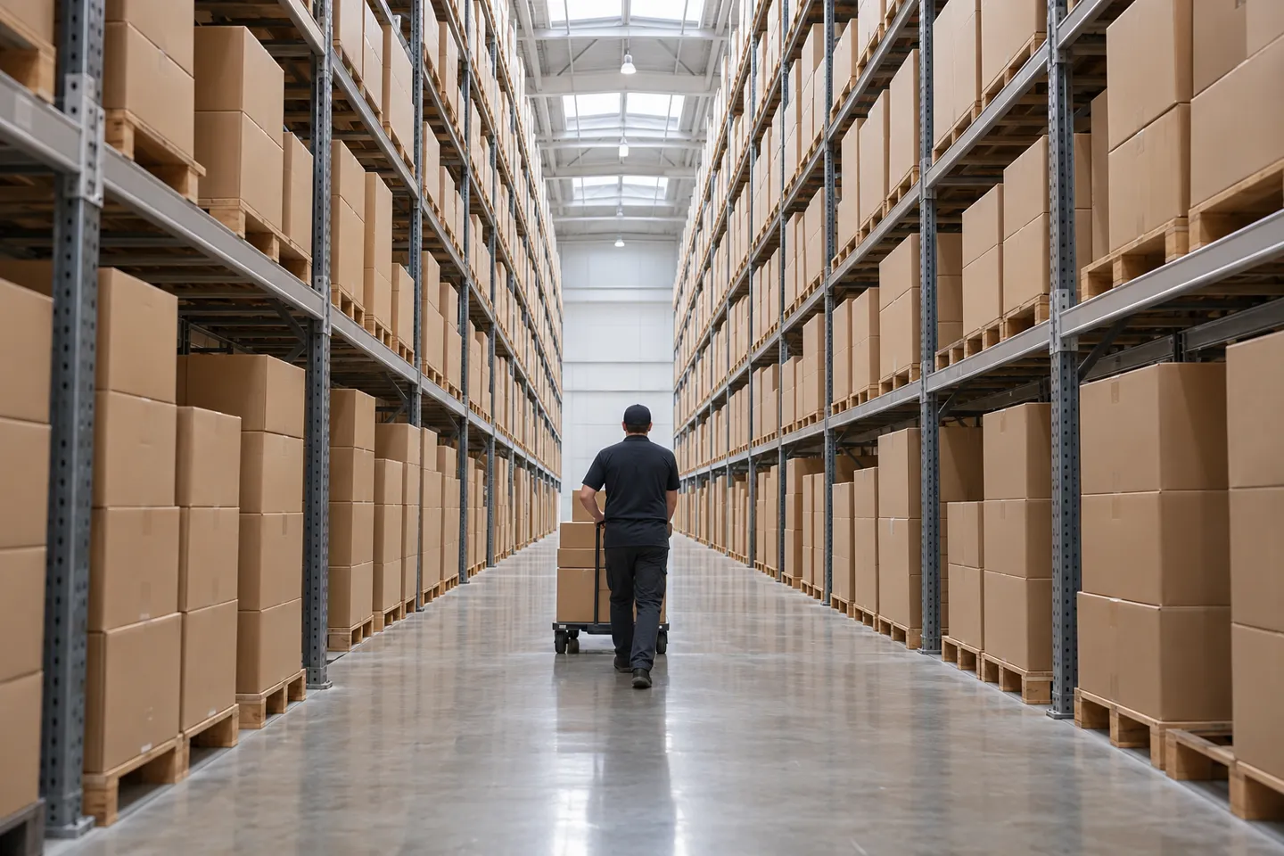 Neat rows of dedicated inventory on warehouse racks, the stage where a proven product leaves a shared dropshipping platform for stock a supplier manages for your store.