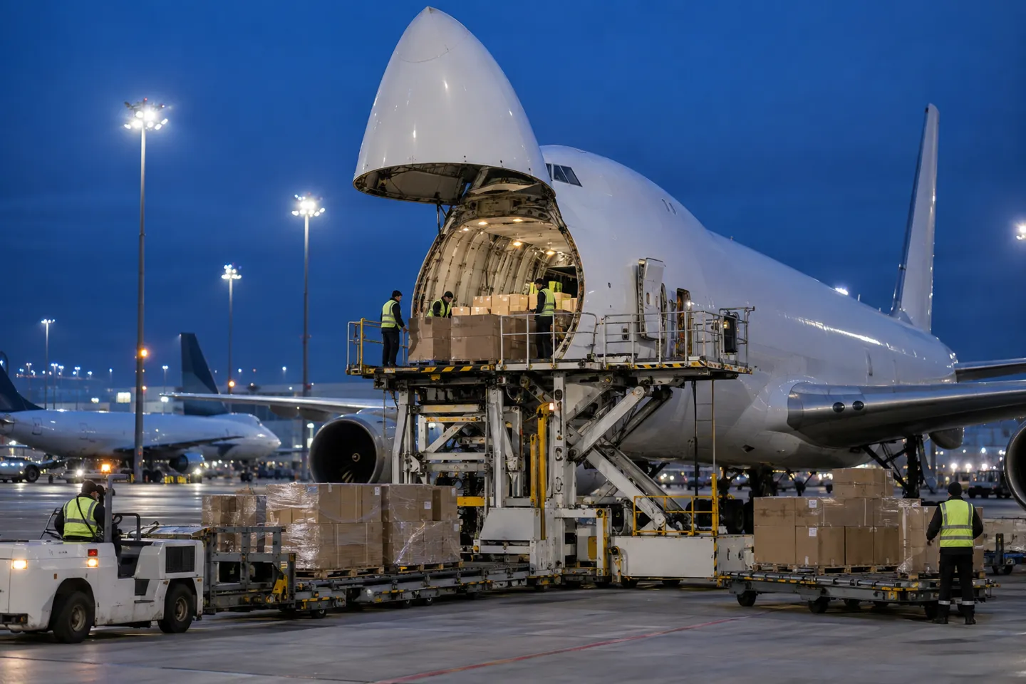 Il personale di terra che carica pacchi di cartone nella parte anteriore di un aereo cargo al tramonto; la capacità aerea riservata alle linee di trasporto dedicate con tempi di consegna da 4 a 7 giorni dalla Cina alla Francia