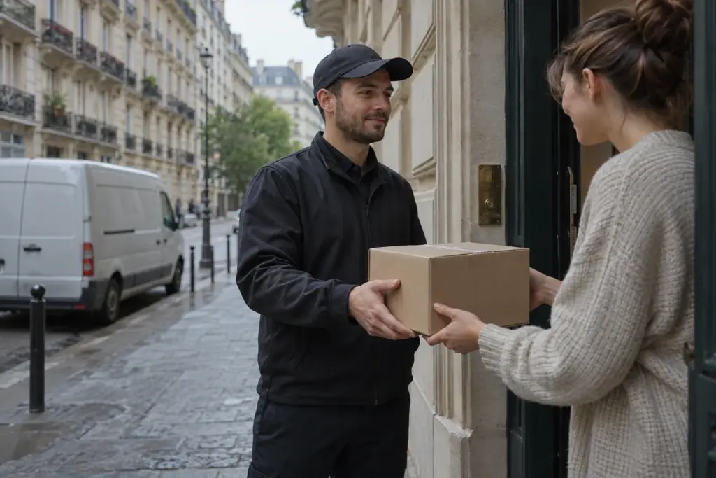 Courier handing a cardboard parcel to a customer at a Haussmann-style apartment doorway in Paris, the last-mile moment that every choice of dropshipping suppliers for France ultimately decides