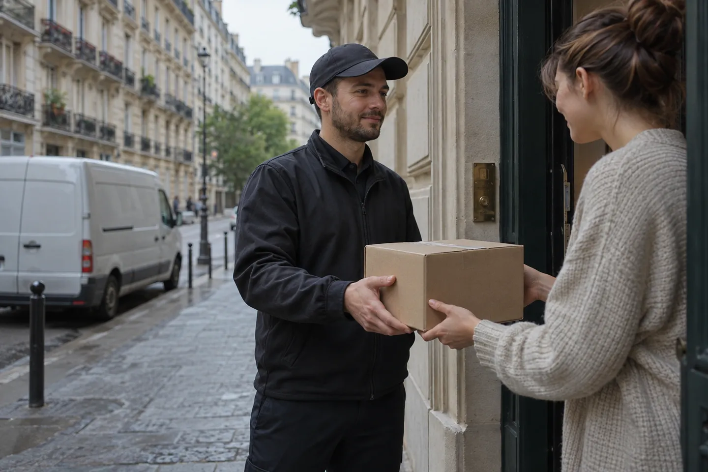 Un corriere che consegna un pacco di cartone a un cliente all’ingresso di un appartamento in stile Haussmann a Parigi: il momento dell’ultimo miglio che, in definitiva, determina ogni scelta dei fornitori di dropshipping per la Francia