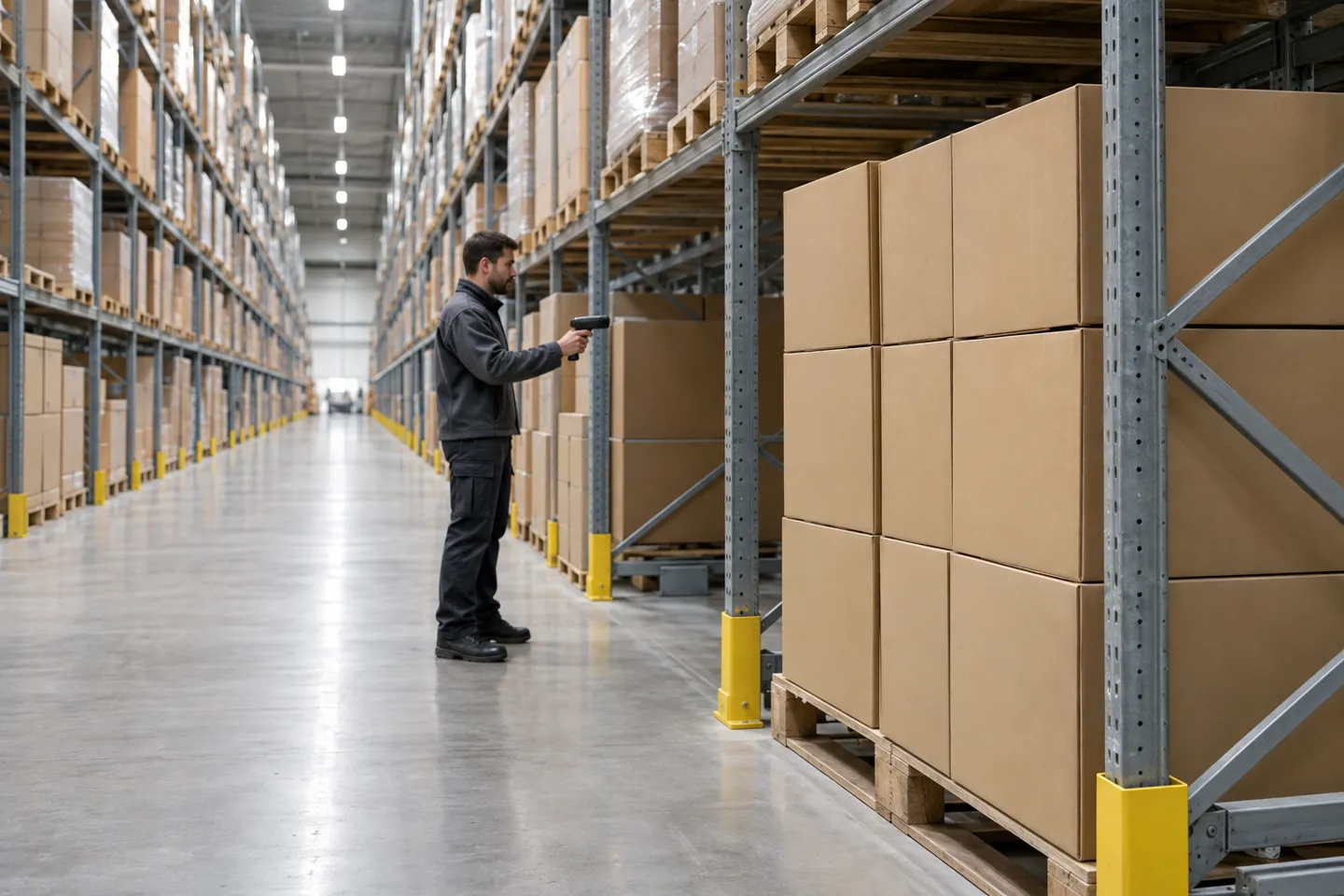 Un addetto al magazzino sta scansionando una zona di stoccaggio riservata, occupata da cartoni impilati, in un magazzino di evasione ordini: si tratta del modello di scorte dedicate che garantisce l’accuratezza dei livelli di scorte su Shopify per i negozi che vendono in Francia