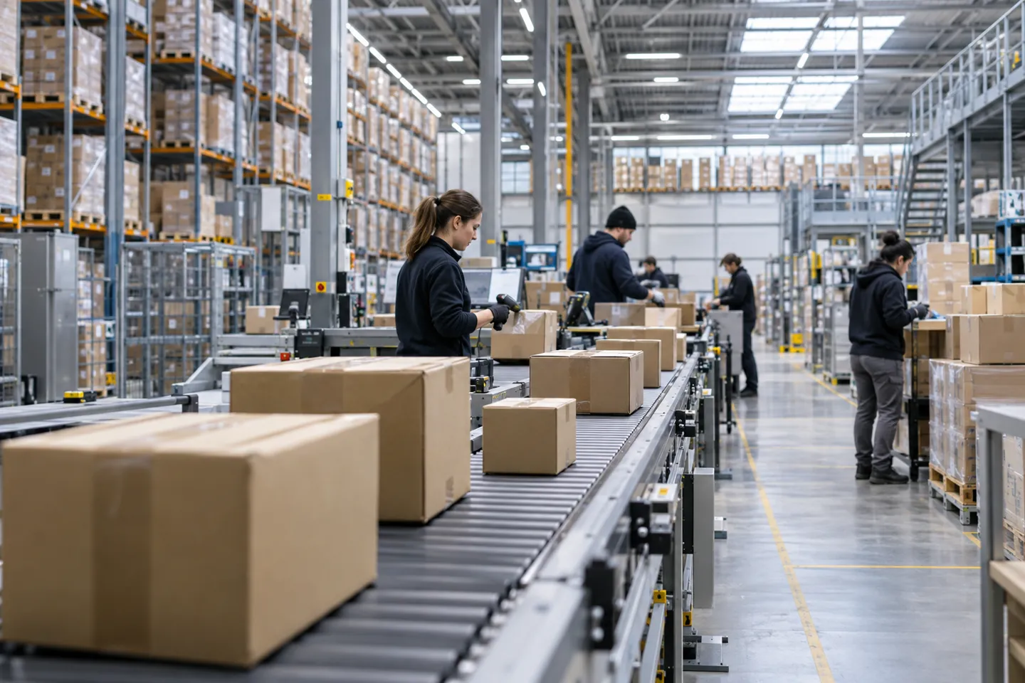 Paczki kartonowe przemieszczają się po przenośniku w niemieckim magazynie realizacji zamówień e-commerce, który stanowi operacyjny filar niezawodnych dostawców usług dropshippingowych na terenie Niemiec.