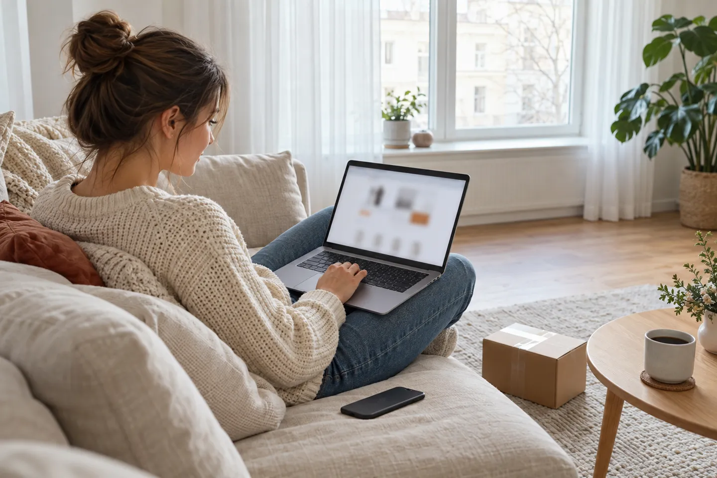 Ein Kunde, der an einem hellen schwedischen Wohnzimmertisch auf seinem Laptop den Online-Bezahlvorgang abschließt – das ist das von Klarna geprägte Zahlungsverhalten, mit dem jeder Shop konfrontiert ist, der per Dropshipping nach Schweden liefert.