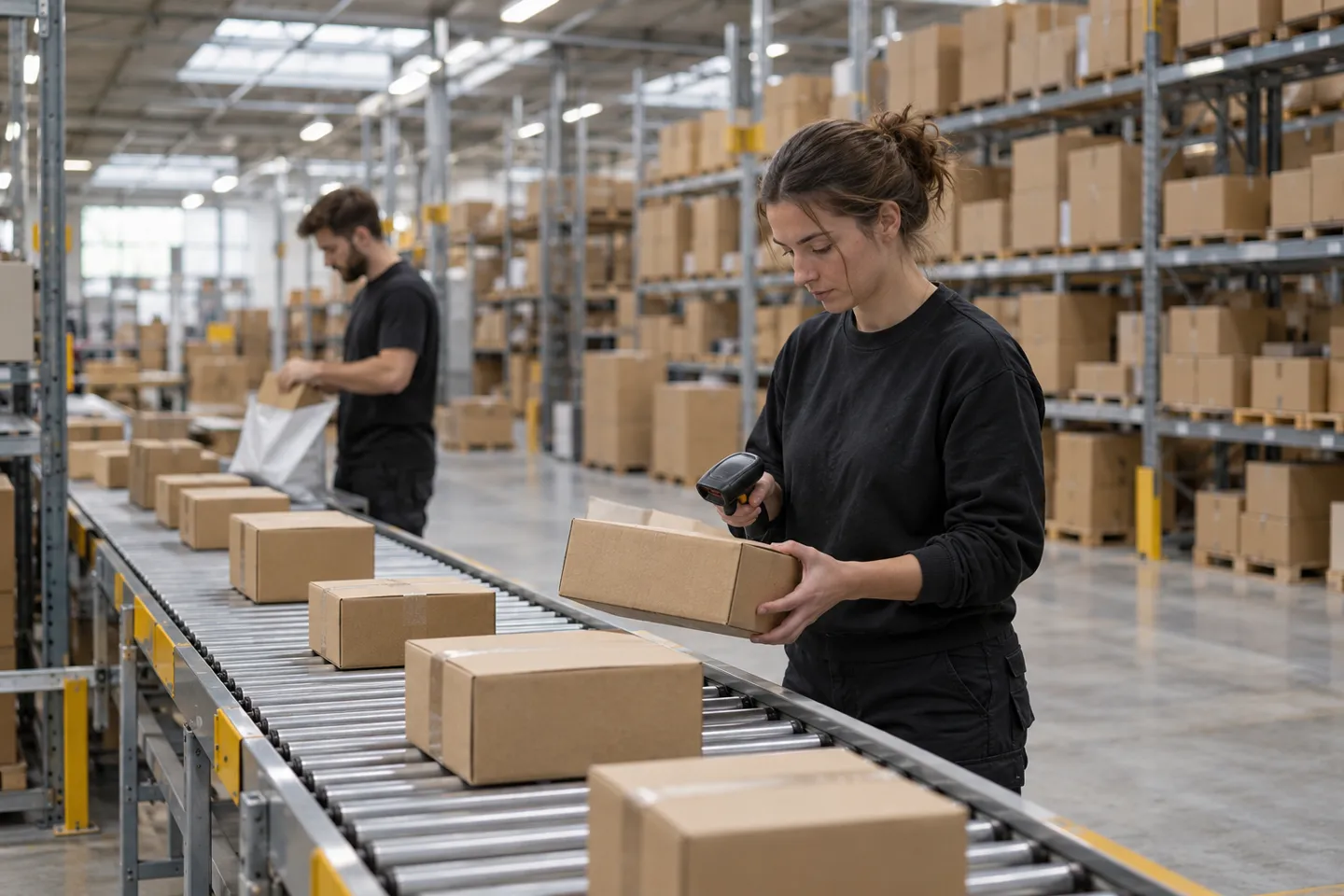 Lagerarbeiter, der einfache Pakete auf einem Förderband in einem Fulfillment-Center scannt, das speziell für Dropshipping-Bestellungen aus Schweden bestückt ist.