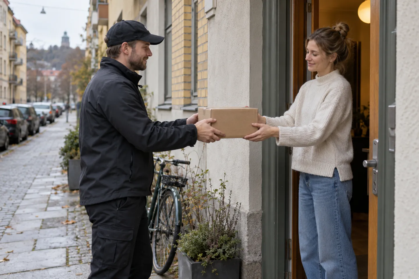 Ein Kurier übergibt einem Kunden ein Paket vor der Haustür einer Wohnung in Göteborg – der Moment an der Haustür, mit dem jede Dropshipping-Bestellung in Schweden endet.