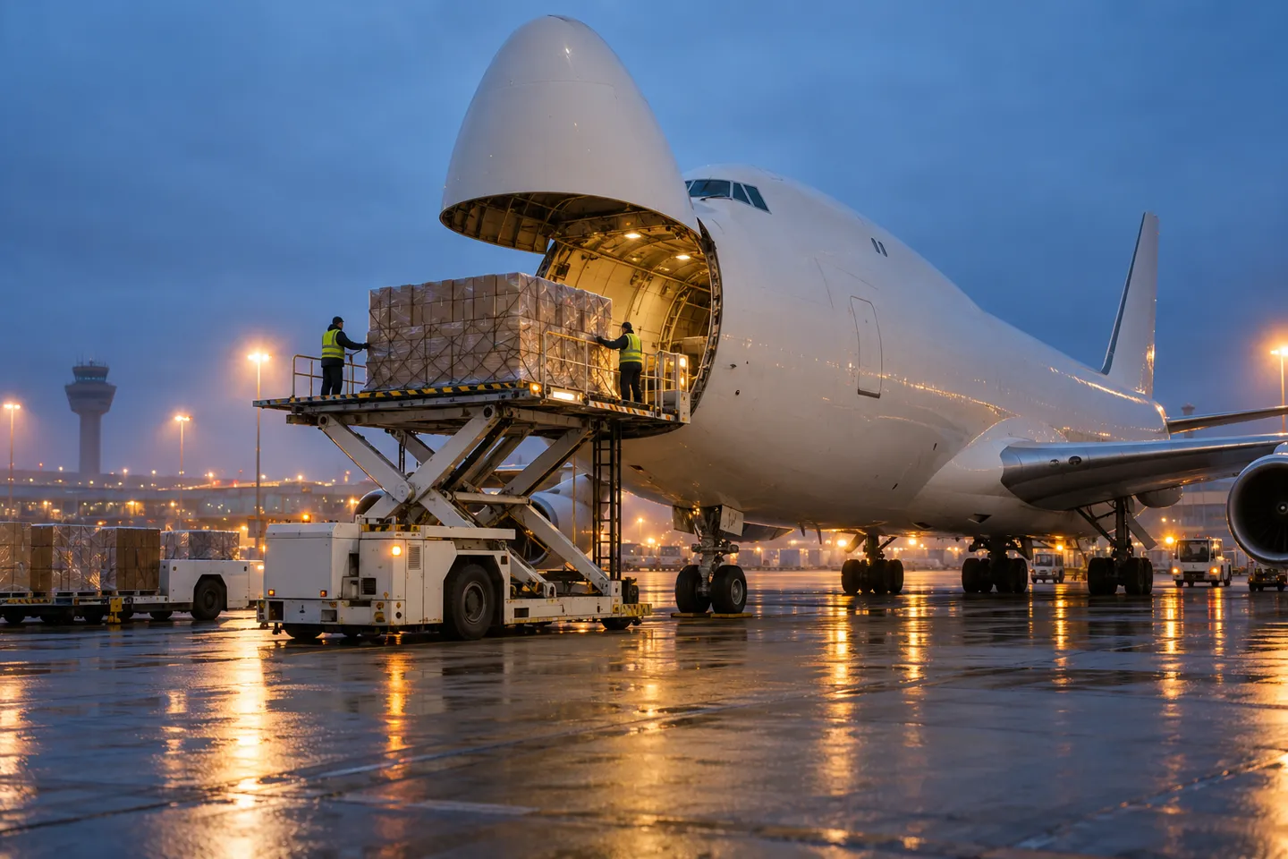 In der Abenddämmerung werden Paletten mit Paketen auf ein markenloses Frachtflugzeug verladen – auf dieser Flugroute wird der Großteil der Dropshipping-Sendungen aus China nach Schweden transportiert.
