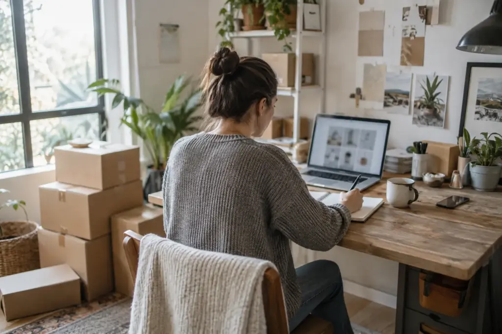 Store owner researching how to find winning products for a dropshipping store at a desk with a laptop and stacked shipping boxes