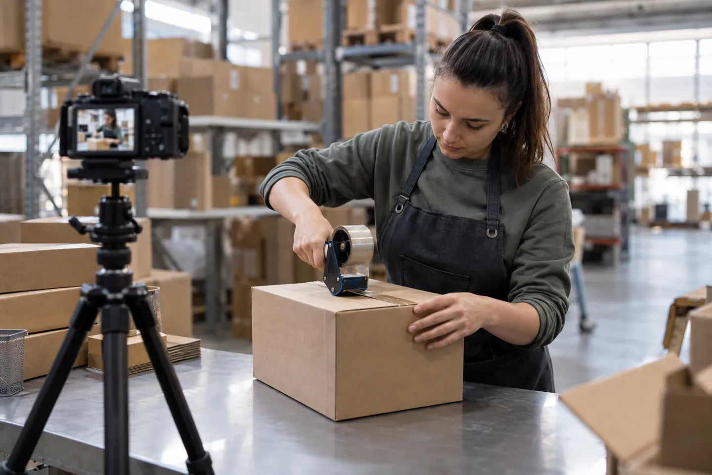 Un addetto al magazzino sta completando un ordine mentre una telecamera riprende il video dell'imballaggio del primo ordine come prova della qualità fornita dal fornitore
