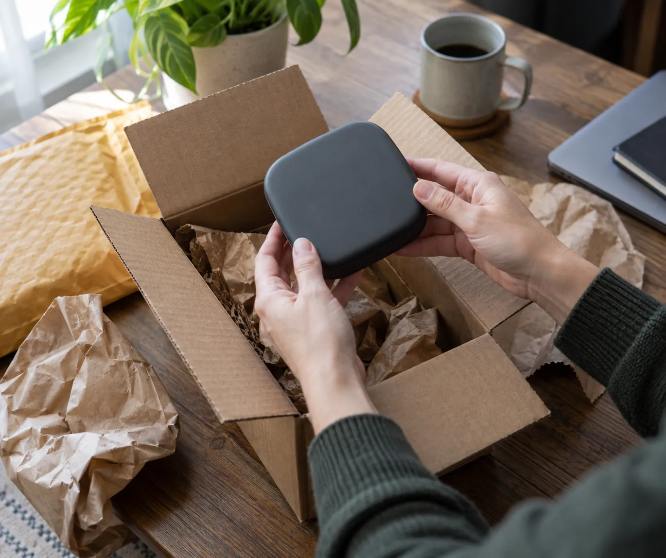 Mani che ispezionano un campione di prodotto estratto da un imballaggio di spedizione prima di pubblicare annunci su un nuovo prodotto in dropshipping