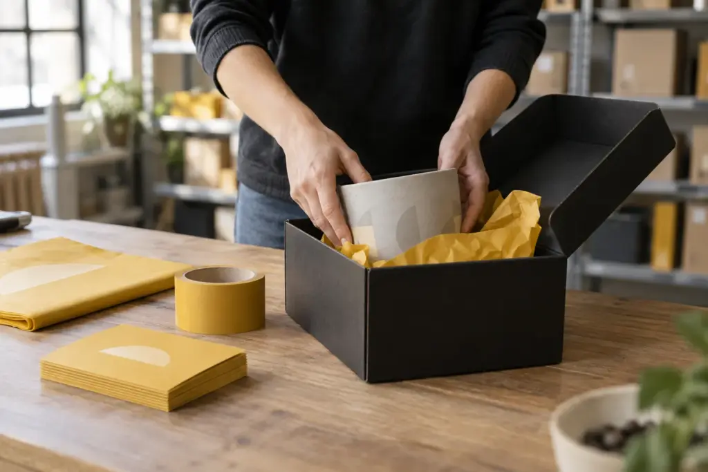 Custom packaging for dropshipping in practice: an order packed into a branded black box with matching tissue paper, cards and packing tape on a fulfillment workstation.