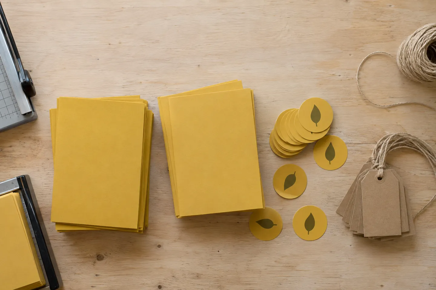 The inserts layer of custom packaging for dropshipping: printed thank-you cards, logo stickers and kraft tags stacked on a print shop table.