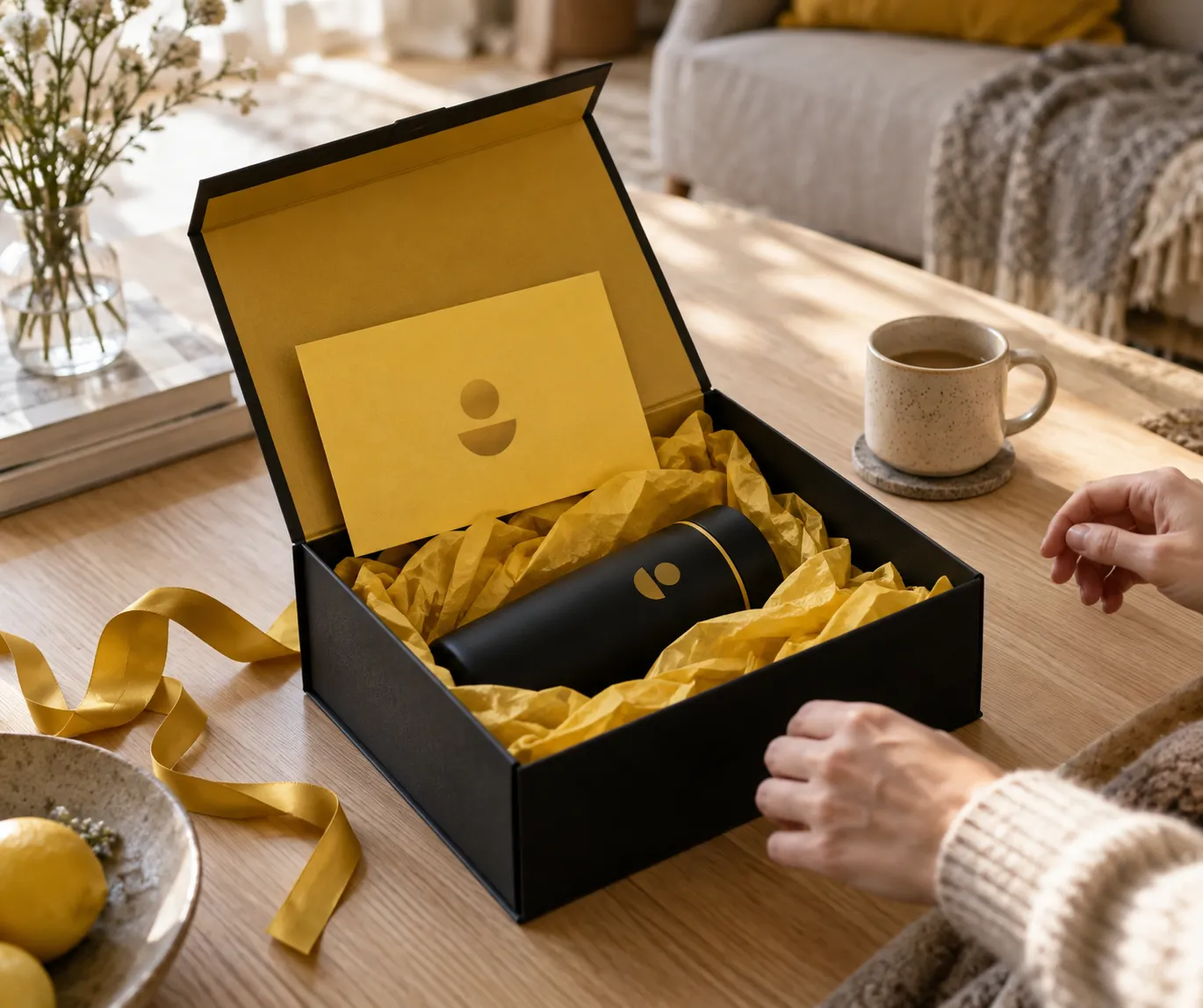 A premium unboxing experience from a full custom brand kit: a two-tone black and yellow box with tissue paper, a message card and a ribbon on a customer's table.