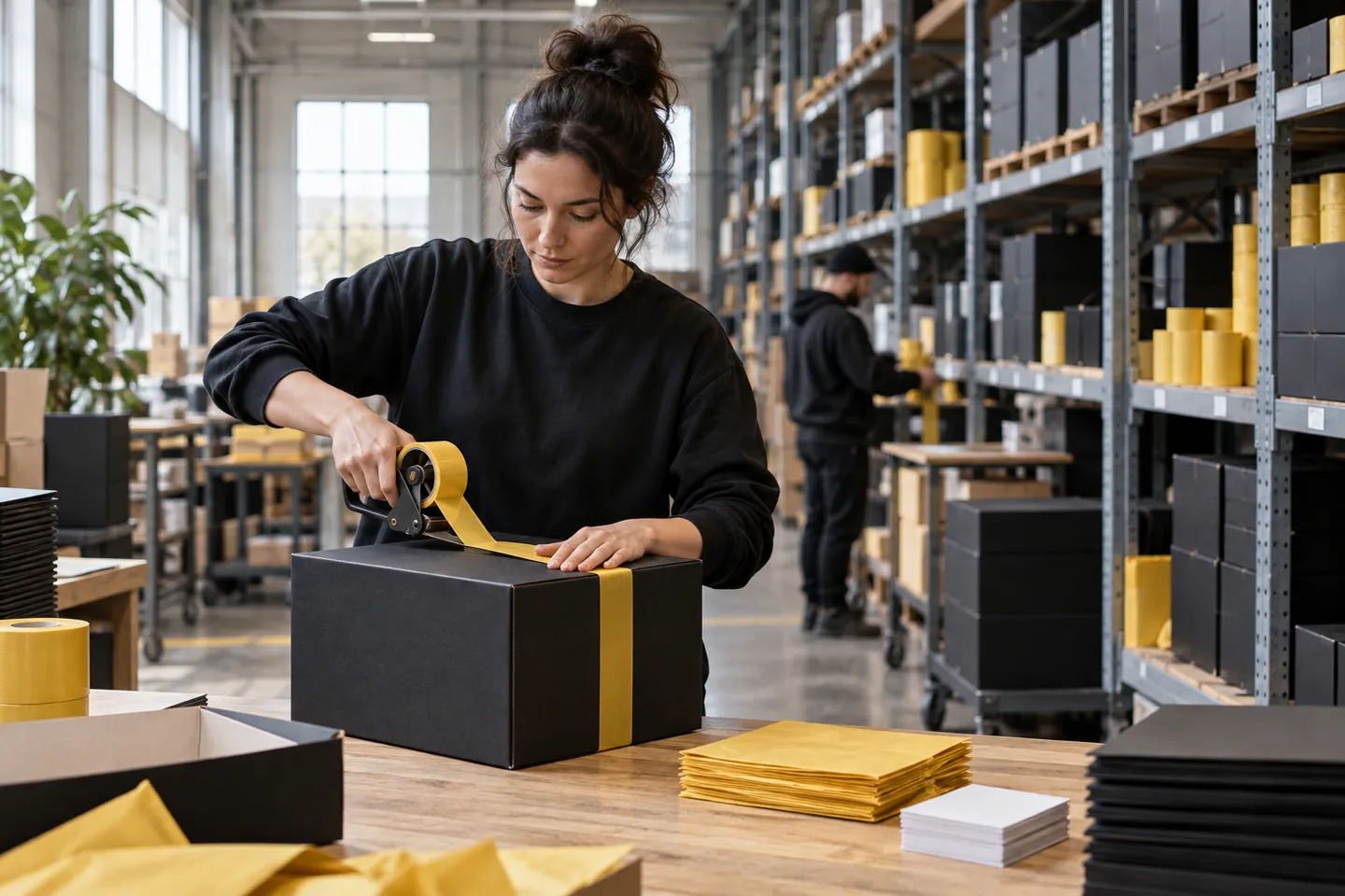 Branded packaging stocked inside a dropshipping fulfillment warehouse: shelves of custom boxes and packing tape beside a packing station where an order is sealed.