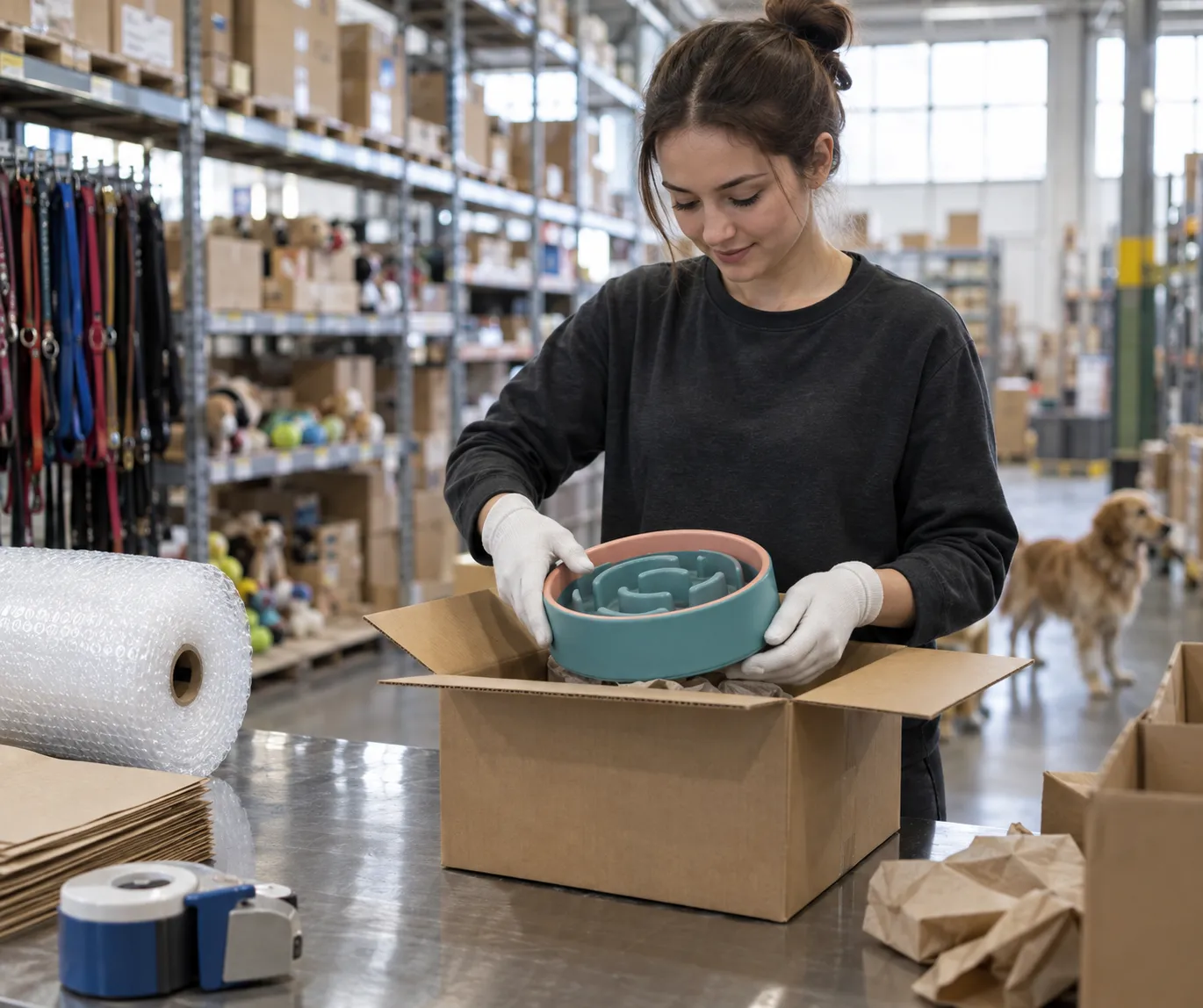 Un préparateur de commandes emballe un bol en silicone à alimentation lente pour chien dans un carton d’expédition au sein d’un entrepôt dédié au dropshipping d’accessoires pour animaux