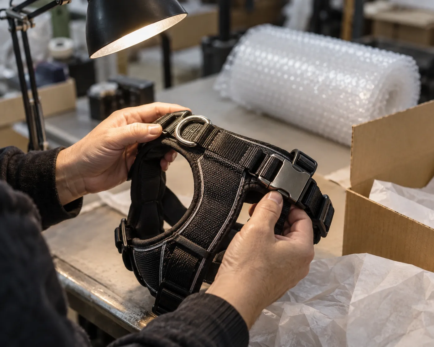 Ein Prüfer kontrolliert vor dem Verpacken die Nähte und die Metallschnalle eines Hundegeschirrs aus Nylon – ein Schritt der Qualitätskontrolle bei der Dropshipping-Abwicklung von Haustierzubehör.