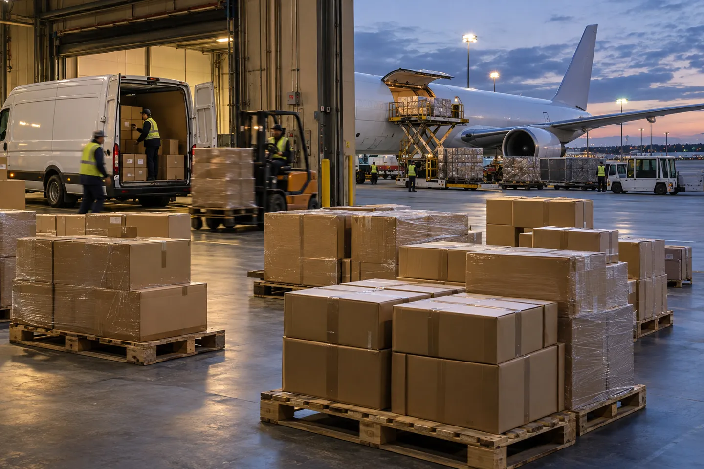 Schlichte Kartonpakete auf Paletten neben einem Kurierwagen und einem Frachtflugzeug – die drei Lieferwege, über die Dropshipping-Bestellungen für Haustierzubehör transportiert werden