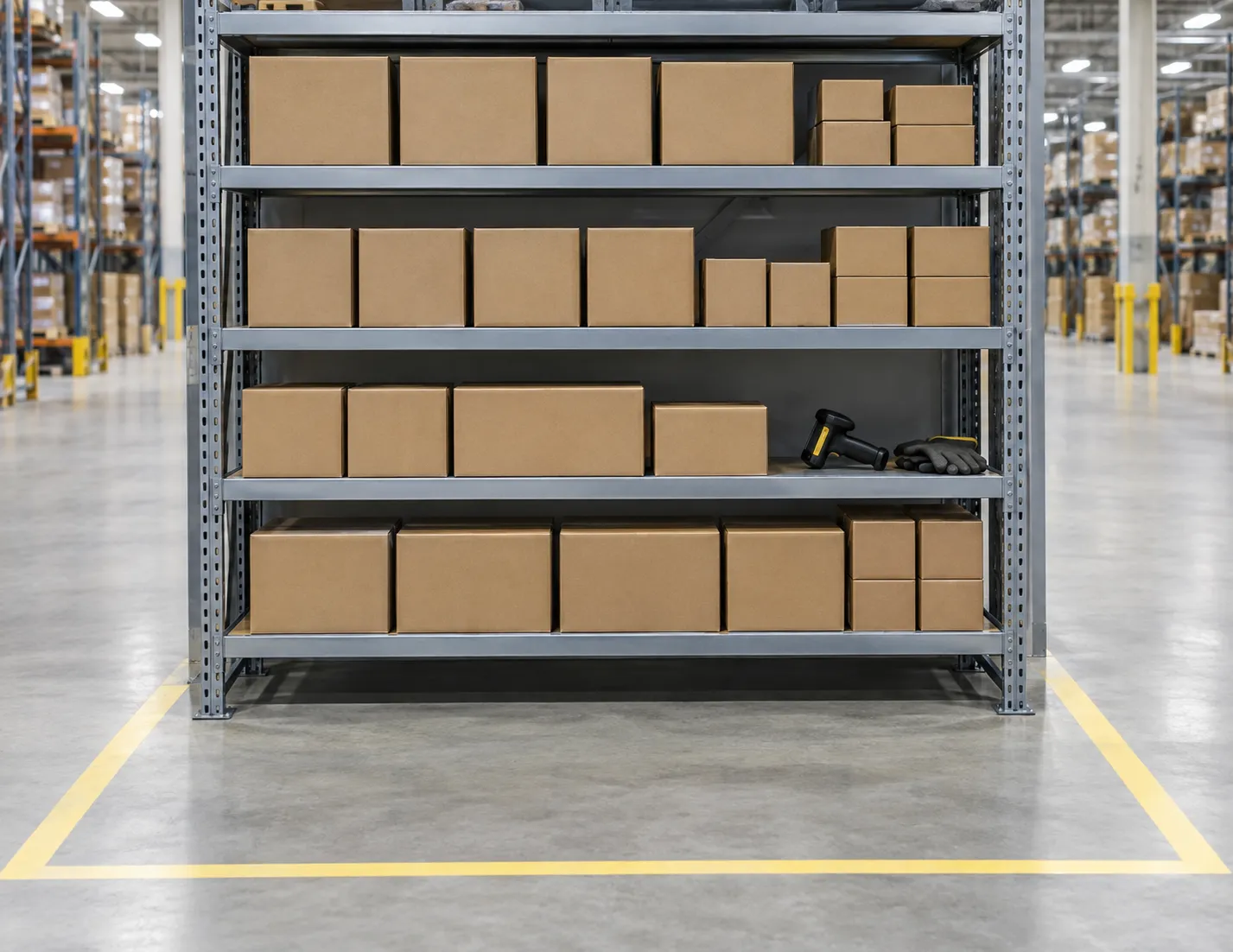 Ein eigens dafür vorgesehener Lagerregalbereich, in dem der Dropshipping-Bestand an Haustierzubehör für ein Geschäft gelagert wird und der als reservierter Lagerbereich gekennzeichnet ist