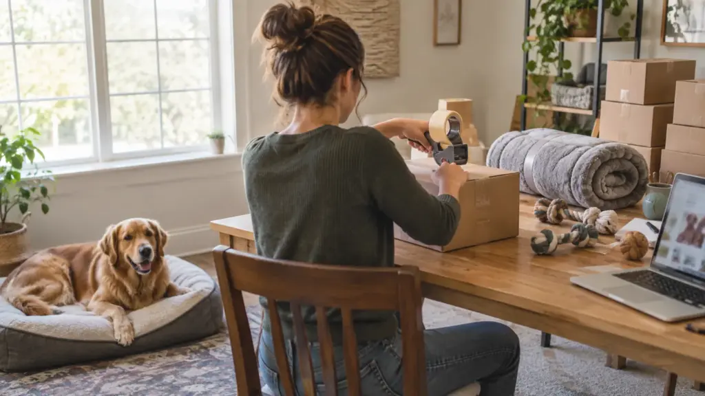 A home-based pet store owner in the USA tapes a shipping box containing a dog bed while a golden retriever rests nearby, illustrating how pet dropshipping suppliers ship orders blind under the store's name.