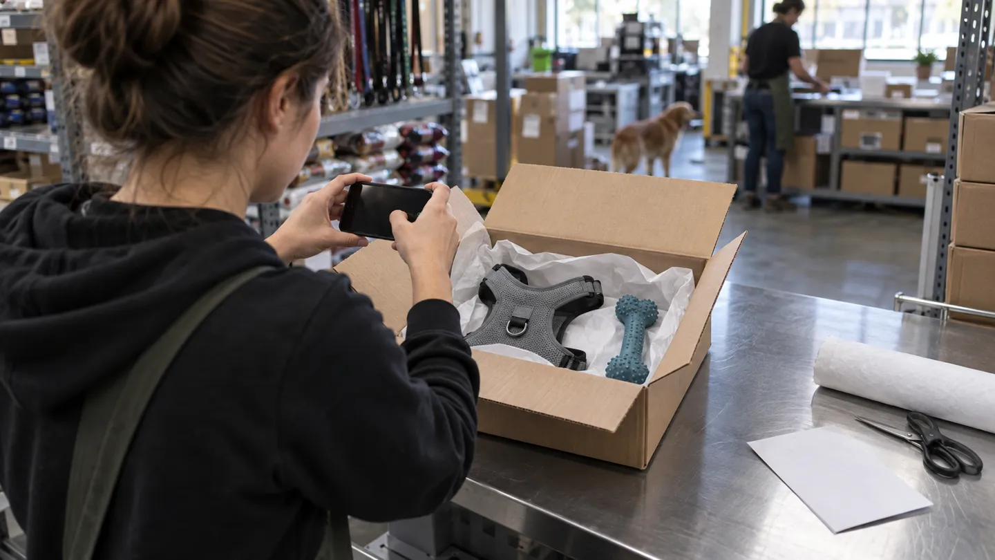 Un addetto al magazzino scatta una foto di una scatola imballata contenente un'imbracatura per cani e un giocattolo da masticare, come prova del controllo qualità prima della spedizione, prima di evadere un ordine in dropshipping per animali domestici.