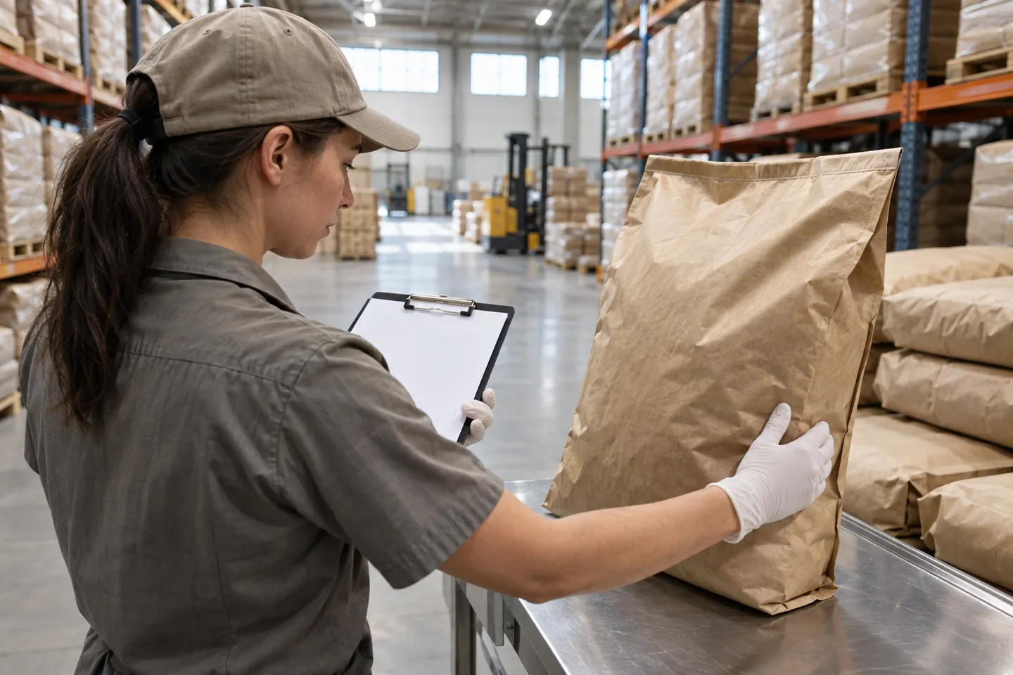 A gloved warehouse worker inspecting a large bag of dry pet food against a clipboard, the batch and shelf-life control behind pet food dropshipping