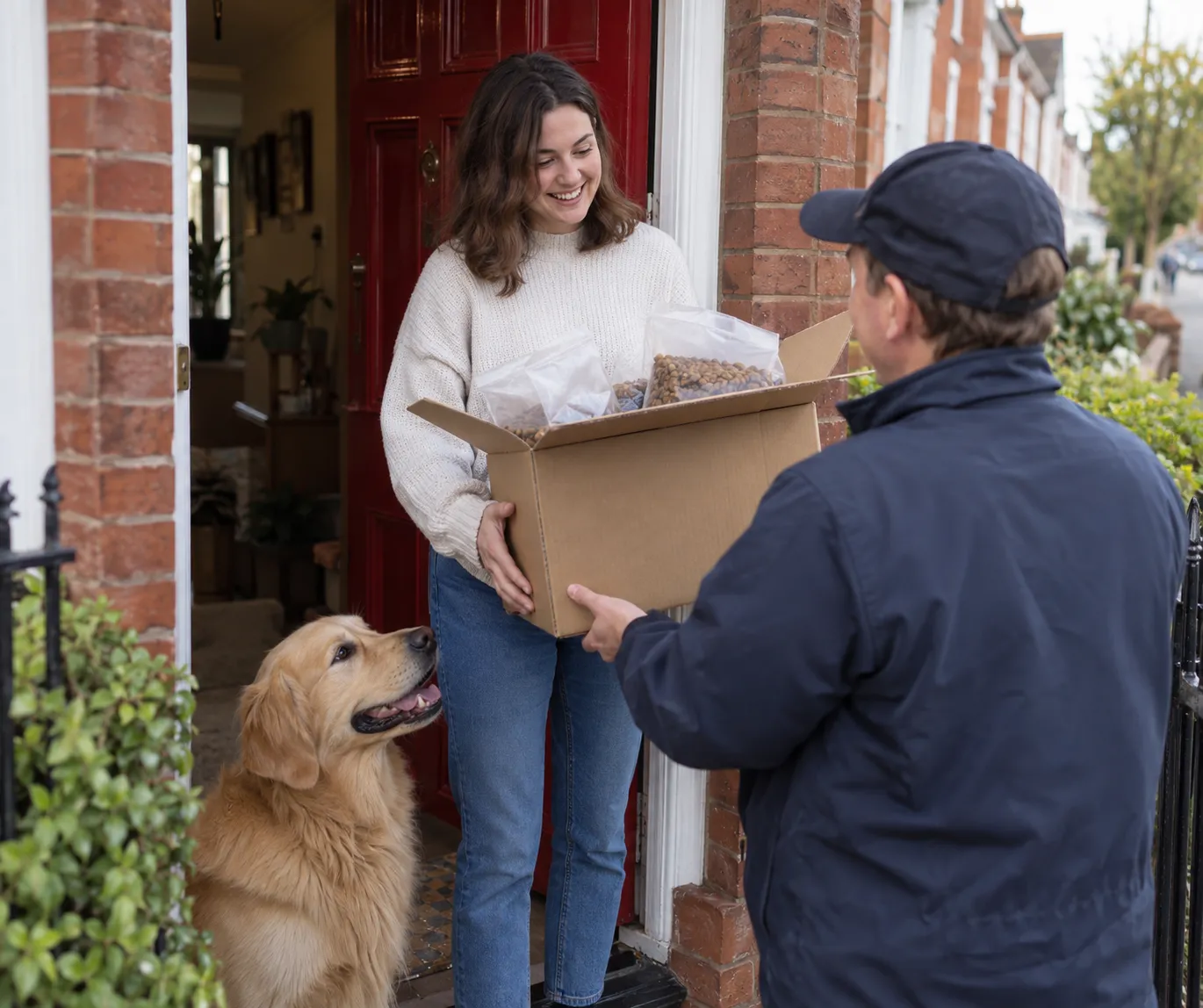 A courier handing a box of pet food to a smiling customer at her red-brick UK doorstep while her golden retriever looks on, the end result of DDP dropshipping delivery