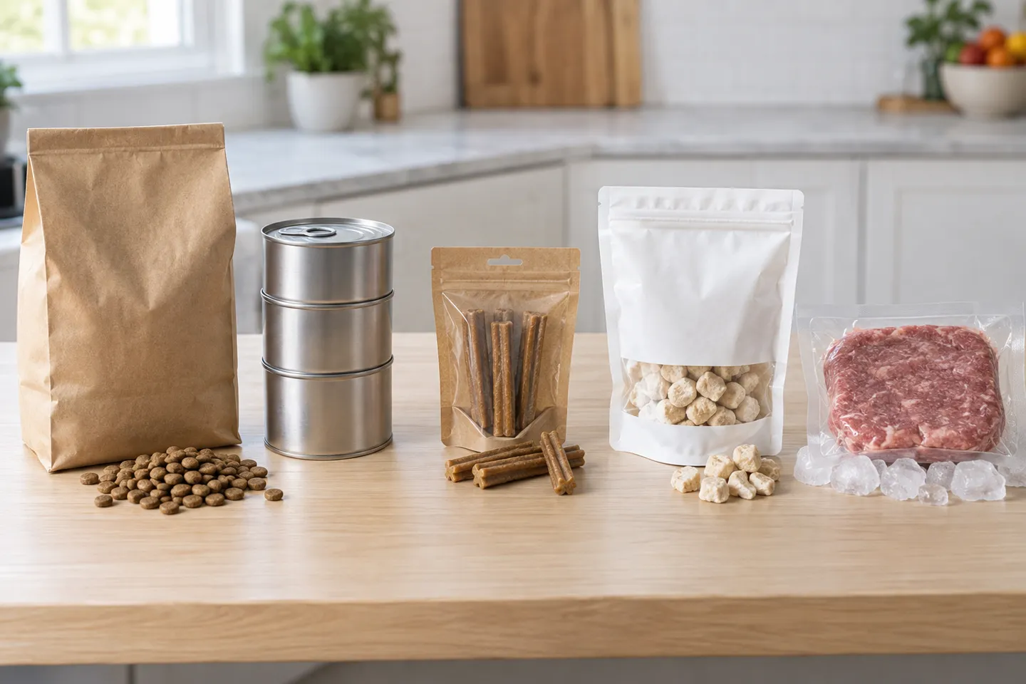 Five pet food formats lined up on a table: a bag of dry kibble, cans of wet food, a pouch of treats, freeze-dried pieces and a fresh raw patty on ice