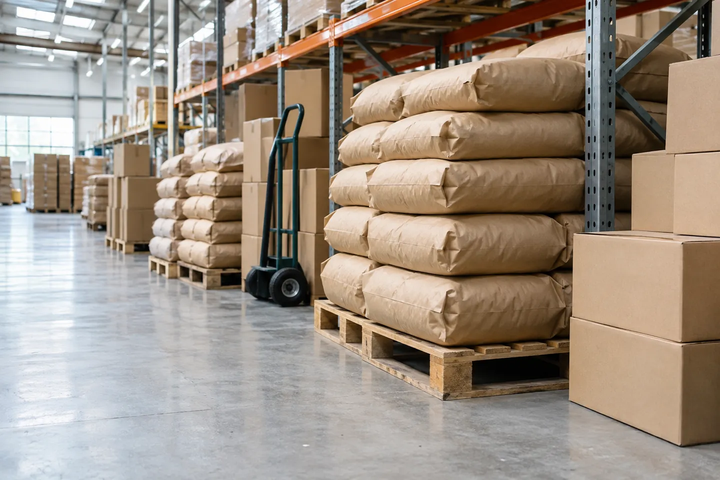 Un entrepôt dédié à la logistique des aliments pour animaux, avec des palettes de sacs de croquettes et de cartons d’expédition : c’est la chaîne d’approvisionnement sur laquelle repose véritablement le dropshipping d’aliments pour animaux
