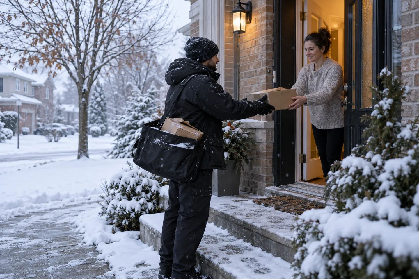 Kurier, der ein Dropshipping-Paket an eine verschneite kanadische Haustür liefert, wo Zölle, Steuern und Kuriervermittlungsgebühren erhoben werden