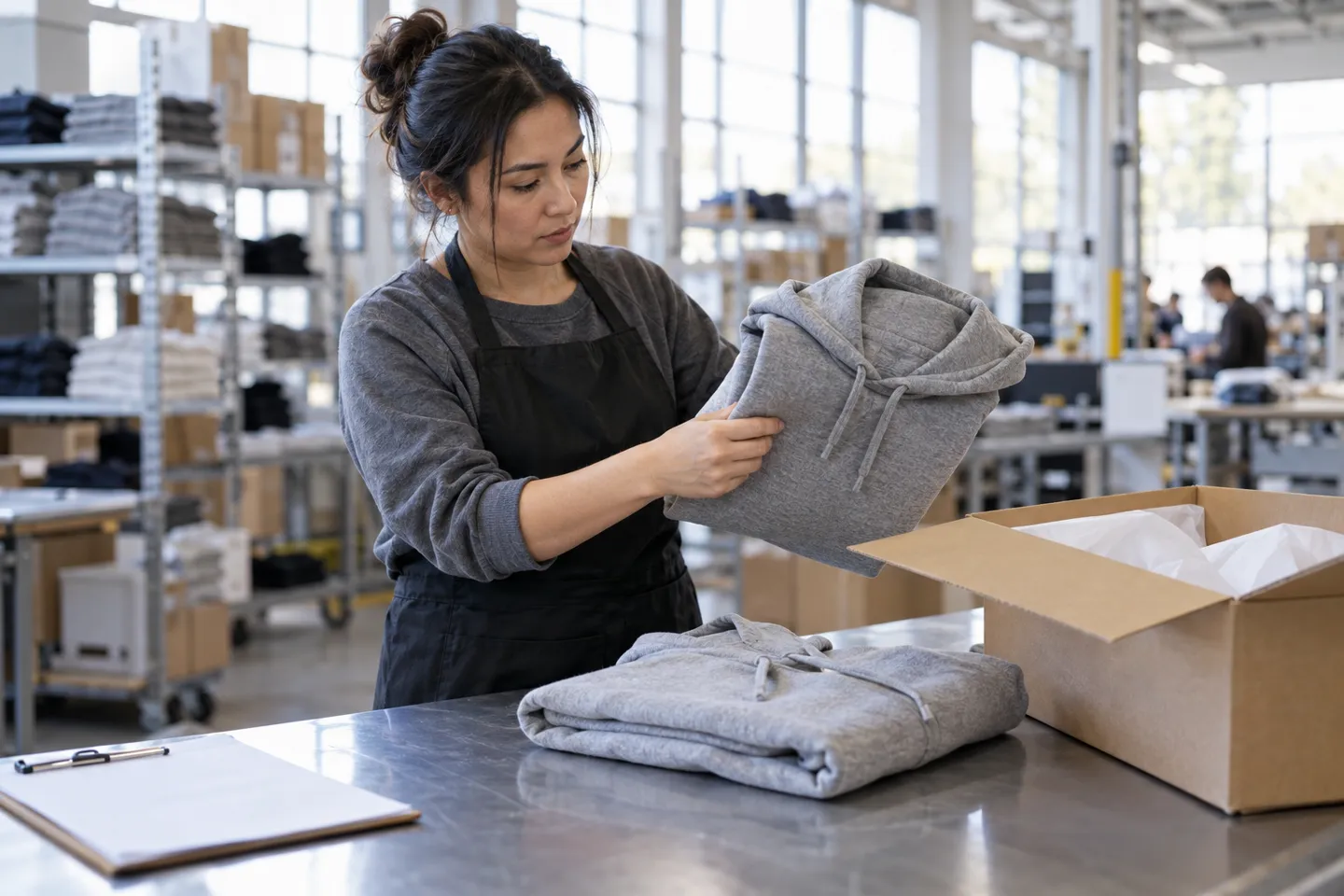 Lagerprüfer, der ein Bekleidungsprodukt vor dem Versand einer nach Kanada bestimmten Dropshipping-Bestellung mit einem Referenzmuster vergleicht