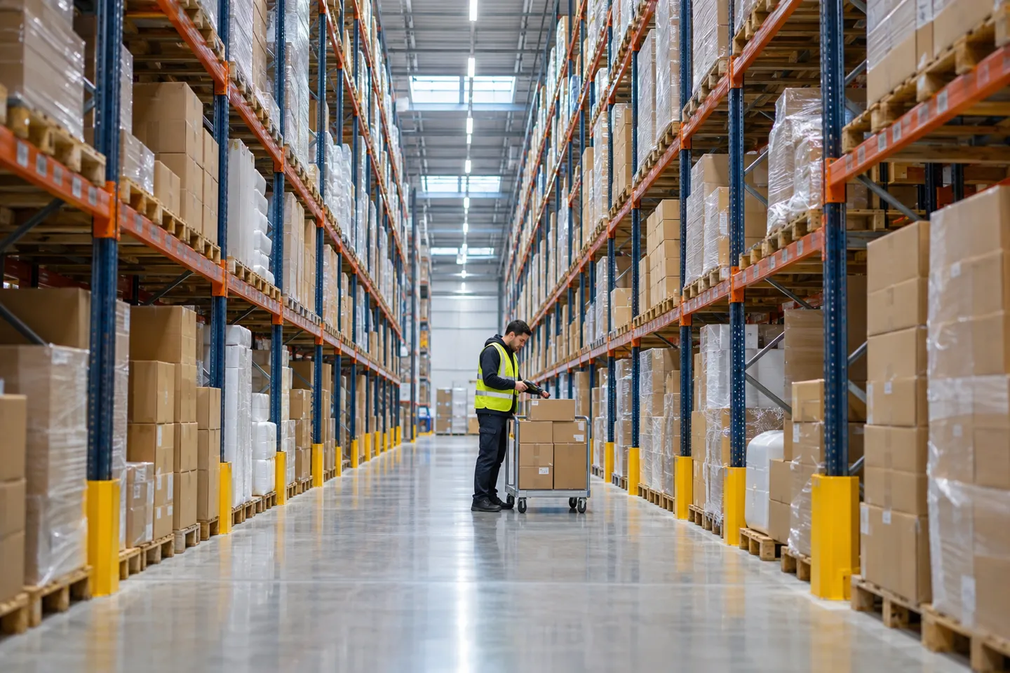 Gang in einem Fulfillment-Lager mit hohen Regalen und einem Mitarbeiter, der Pakete scannt – zur Veranschaulichung, wer bei Shopify-Dropshipping nach Kanada den Lagerbestand verwaltet