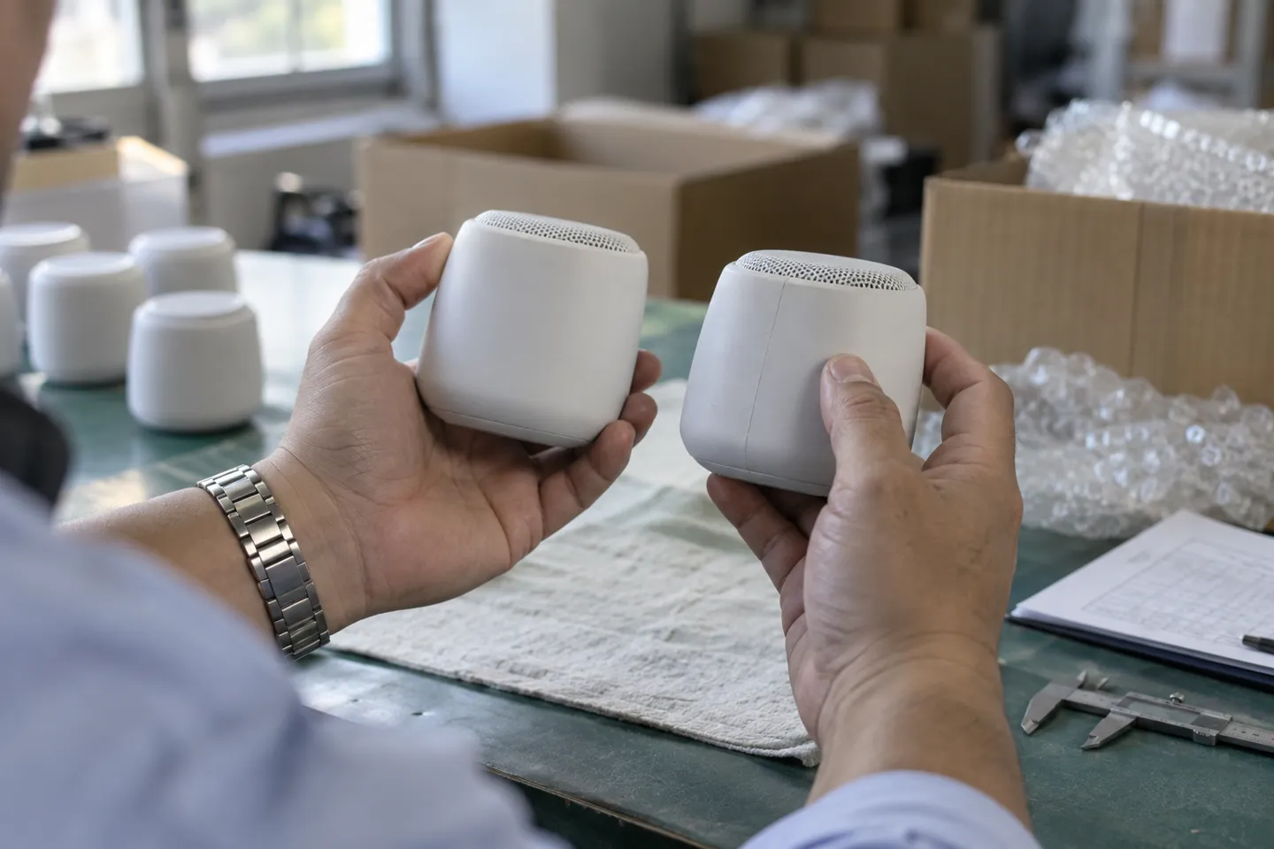 Un addetto all'approvvigionamento confronta manualmente il campione di riferimento approvato con un nuovo lotto di produzione di altoparlanti Bluetooth: si tratta di un controllo fisico che nessun elenco online è in grado di effettuare.