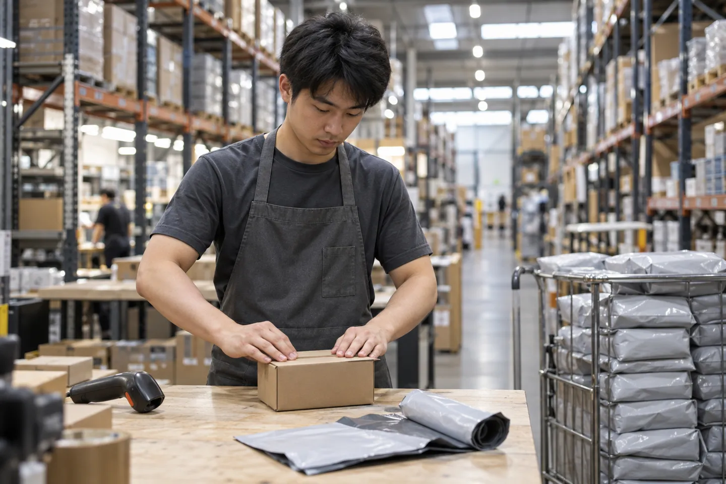 Un partner logistico completo che funge da reparto operativo di un negozio in dropshipping, occupandosi dell’evasione degli ordini dei singoli clienti presso una postazione di imballaggio all’interno di un magazzino dedicato.
