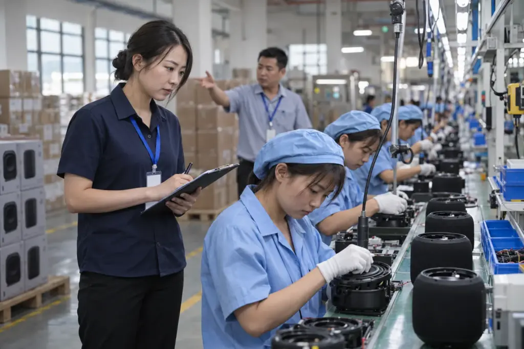 A sourcing agent watches a Bluetooth speaker assembly line inside a Chinese factory — the on-the-ground, buyer-side presence at the heart of what a sourcing agent does.